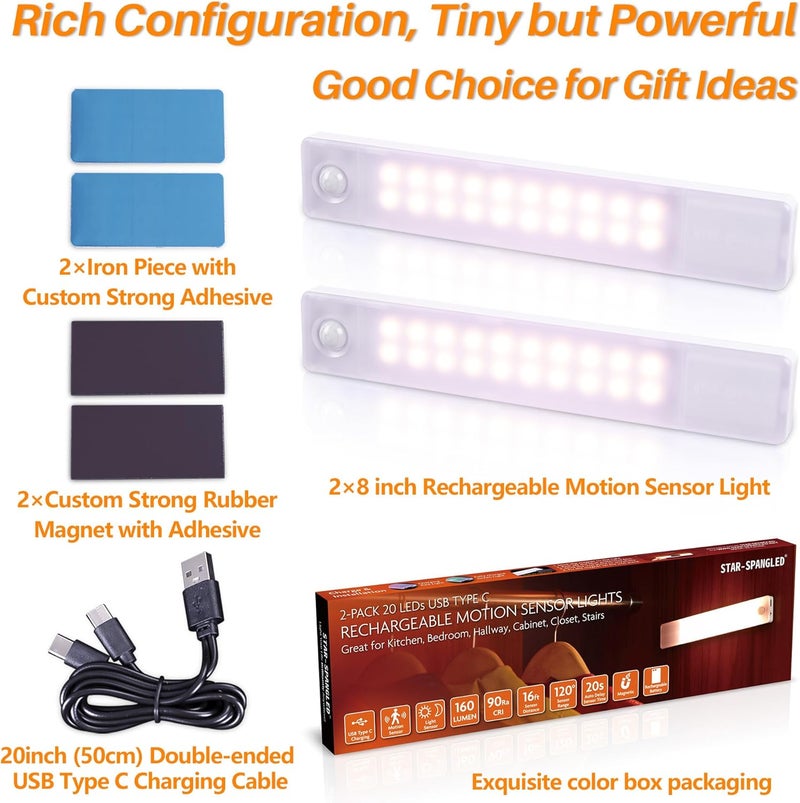 STAR-SPANGLED Under Cabinet Lighting Rechargeable, 8 inch Motion Sensor Lights Indoor Battery Operated, USB Stick on LED Magnetic Closet Light for Counter, Stairs, Kitchen, Warm White, 2 Pack - Image 4
